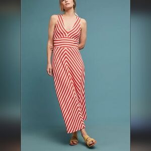 Anthropologie Orange and White Sleeveless V-Neck Sundress